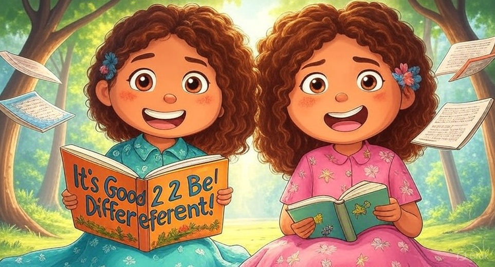 Twin girls reading together in matching floral pajamas